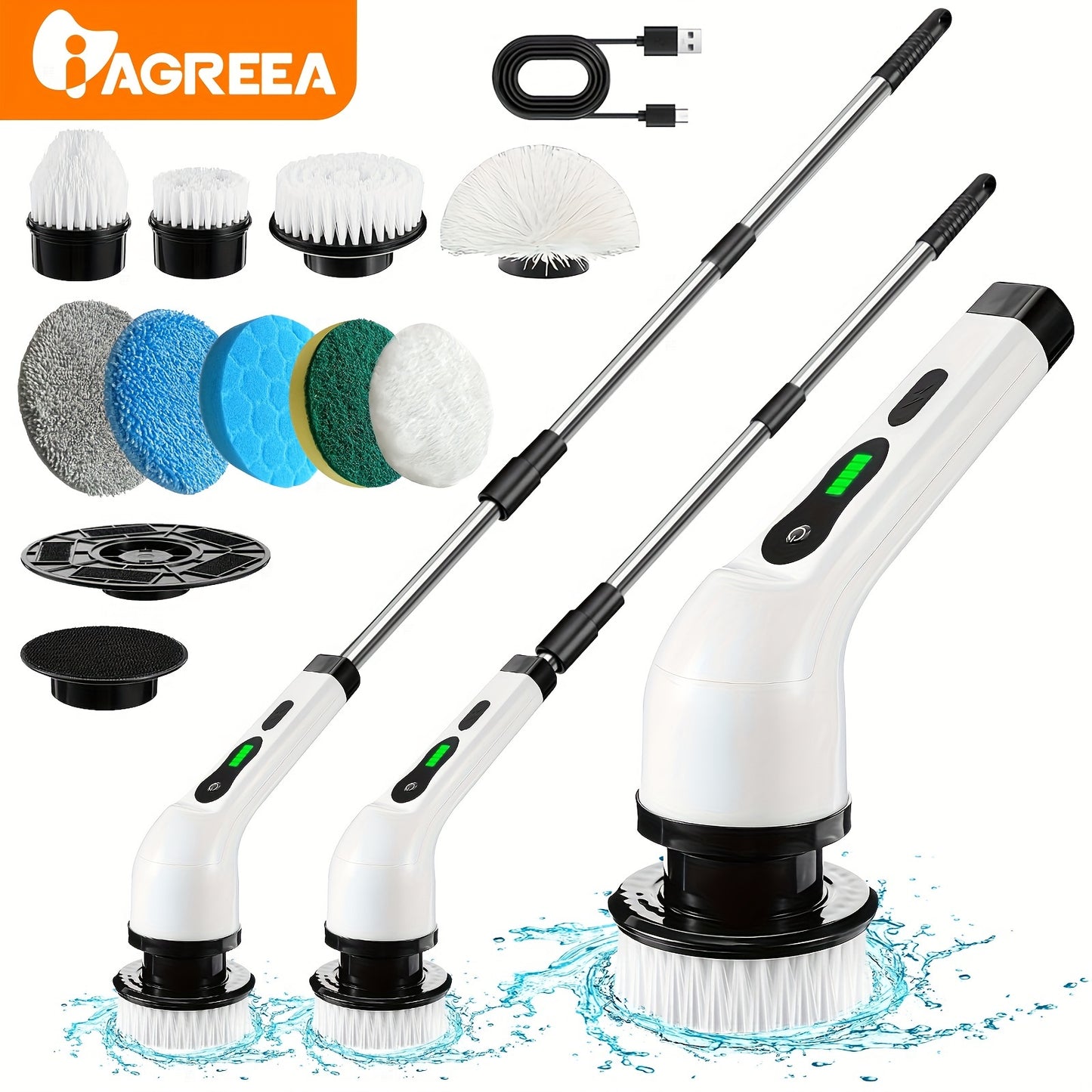 1Set Cordless Multi-Surface Electric Scrubber - 360° Rotary Action with 8 Brush Heads, Adjustable Handle - Versatile Cleaning for Bathrooms, Tiles & Floors