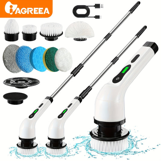 1Set Cordless Multi-Surface Electric Scrubber - 360° Rotary Action with 8 Brush Heads, Adjustable Handle - Versatile Cleaning for Bathrooms, Tiles & Floors