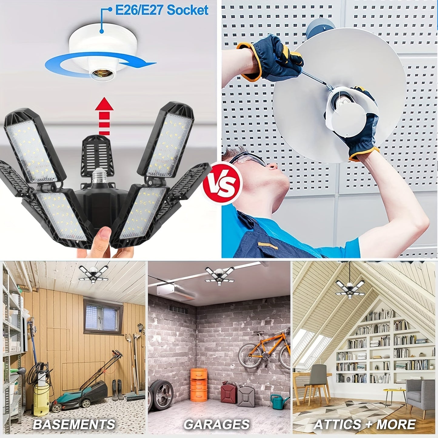 Wholesale Shapeshifting 10+1 Panel LED Garage Light Bulbs 2/4pcs - Super Bright 6500K LED Store Lights, E26/E27 Base Not Included, Adjustable Panel Ceiling Lighting for Workshops, Basements, Basements, Barns, Warehouses, Atti
