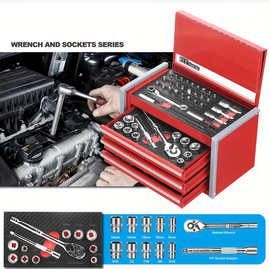 P.I.T. 61pcs Mechanics Tool Set with Magnetic Lock - Portable Red Steel Toolbox, Durable Hand Tools Kit for Repairs - For Mechanics & DIY Enthusiasts - Ideal for Home & Car Repairs - Great Gift for Fathers Day