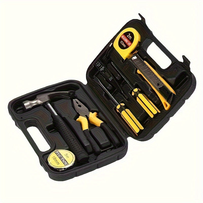 9pcs Durable Metal Homeowner Tool Set, Essential Hand Tools Kit with Non-Electric Manual Tools, Includes Hammer, Pliers, Screwdrivers, Measuring Tape, and Storage Case