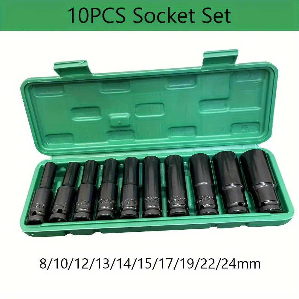 10-Piece Deep Impact Socket Set - 1/2 Inch Drive Long Reach Thin Wall Sockets for Industrial Hand Tools - Heavy-Duty, High-Torque, and Corrosion-Resistant Sockets for 8-24mm Bolts and Nuts