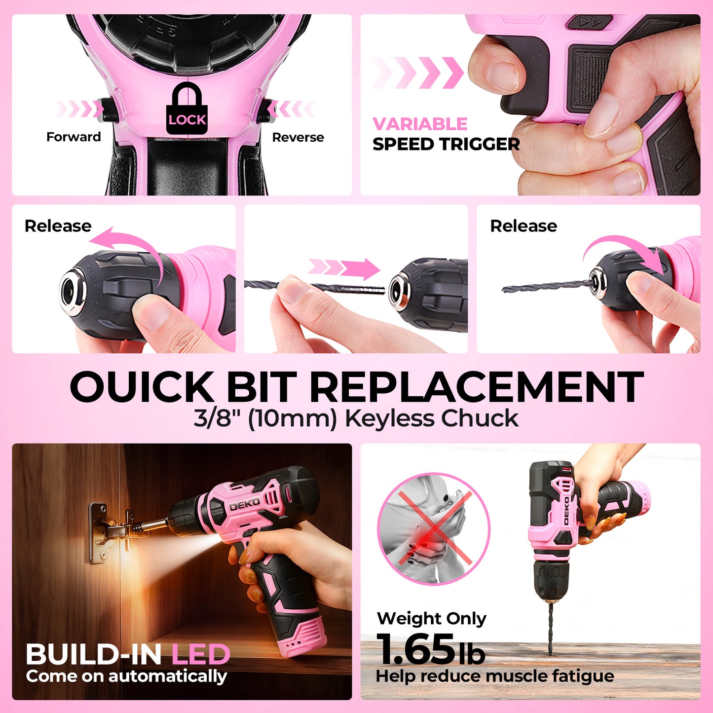 119/151PCS Power Tool Box Set With 8V/12V Cordless Drill / Driver, Hammer, Wrench, Screwdriver and Utility Knife | All in One Hand Tools kit | Household Tool Set | Electric Drill Tool Kit | for Garden, DIY, Home Repairs | Gif