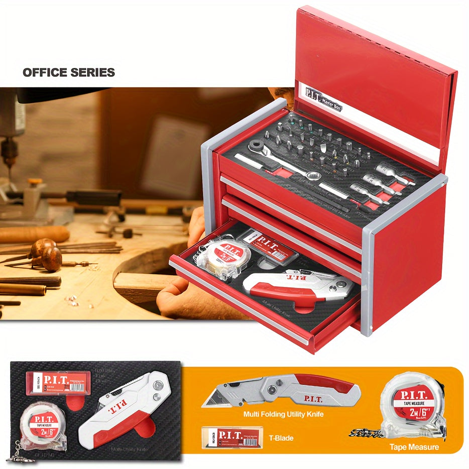 P.I.T. 61pcs Mechanics Tool Set with Magnetic Lock - Portable Red Steel Toolbox, Durable Hand Tools Kit for Repairs - For Mechanics & DIY Enthusiasts - Ideal for Home & Car Repairs - Great Gift for Fathers Day
