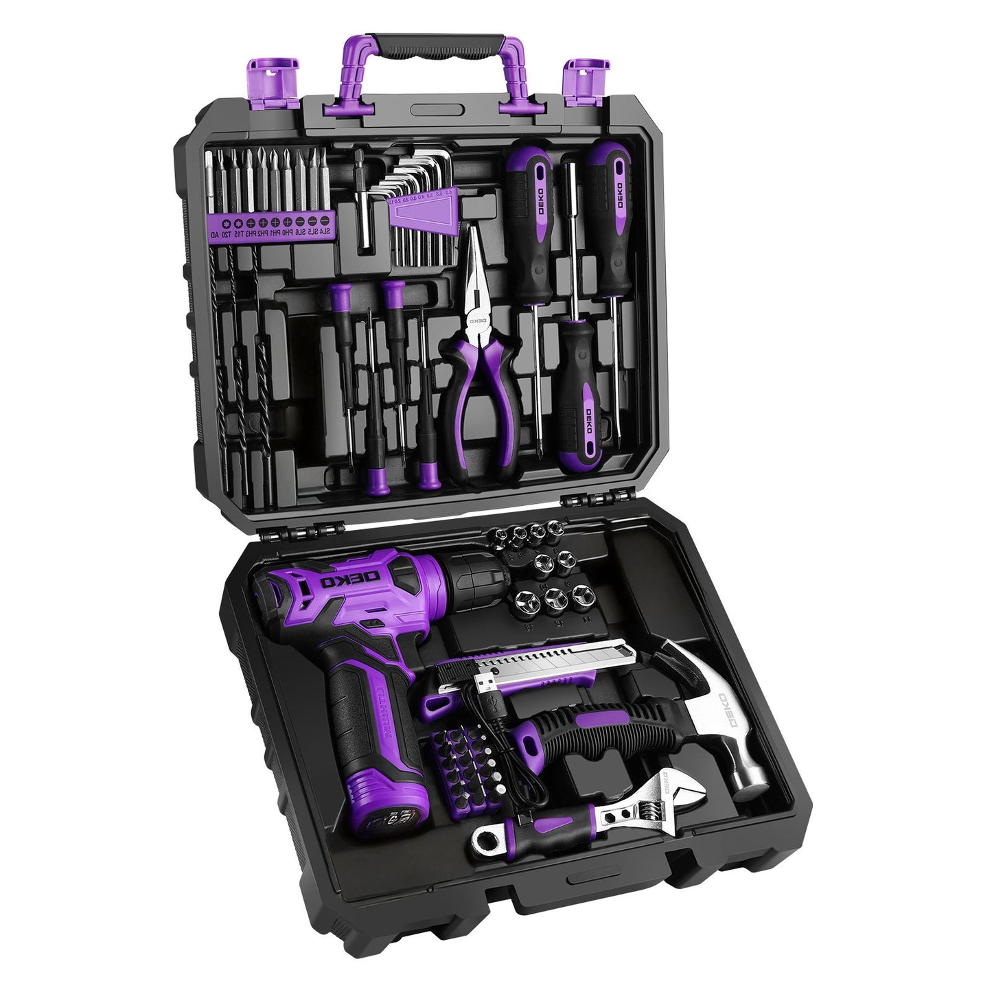 119/151PCS Power Tool Box Set With 8V/12V Cordless Drill / Driver, Hammer, Wrench, Screwdriver and Utility Knife | All in One Hand Tools kit | Household Tool Set | Electric Drill Tool Kit | for Garden, DIY, Home Repairs | Gif