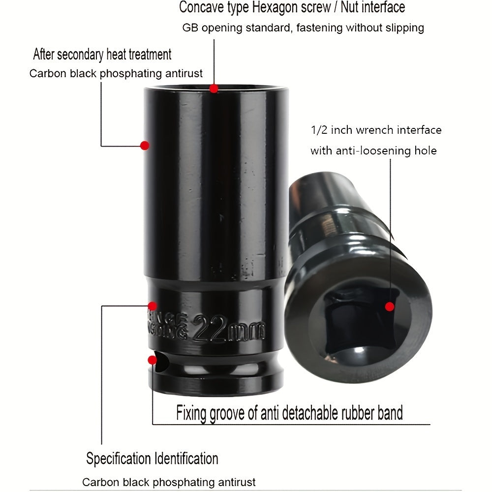 10-Piece Deep Impact Socket Set - 1/2 Inch Drive Long Reach Thin Wall Sockets for Industrial Hand Tools - Heavy-Duty, High-Torque, and Corrosion-Resistant Sockets for 8-24mm Bolts and Nuts