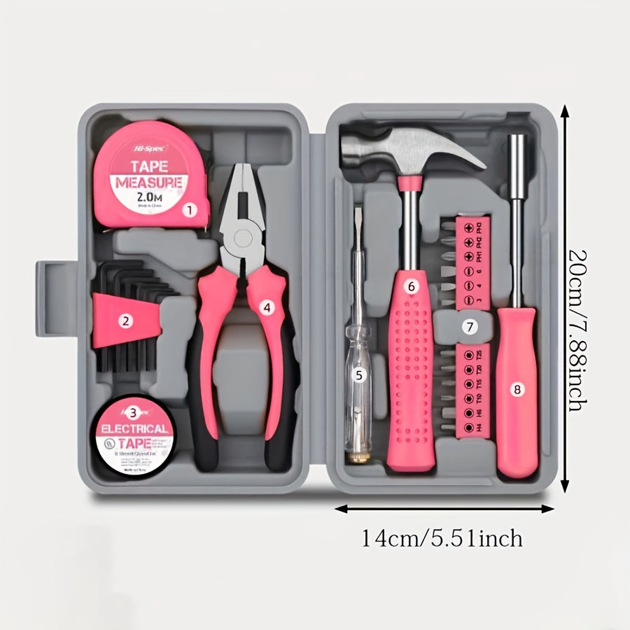24/32/39 Pink Household Tool Set, Sturdy Metal Hand Tool Kit, Classic Barn Style Toolbox, Durable Metal Hand Tools for Women, DIY Home Repair Kit