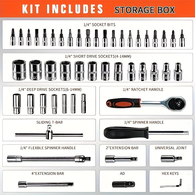 53pcs Multifunctional Auto Repair Tool Set - Professional Motorcycle Repair Tool Set, Durable Metal Hand Tools, With Storage Box, Including Ratchet Wrench, Screwdriver, Socket, Ideal Christmas Gift For Dad And Children