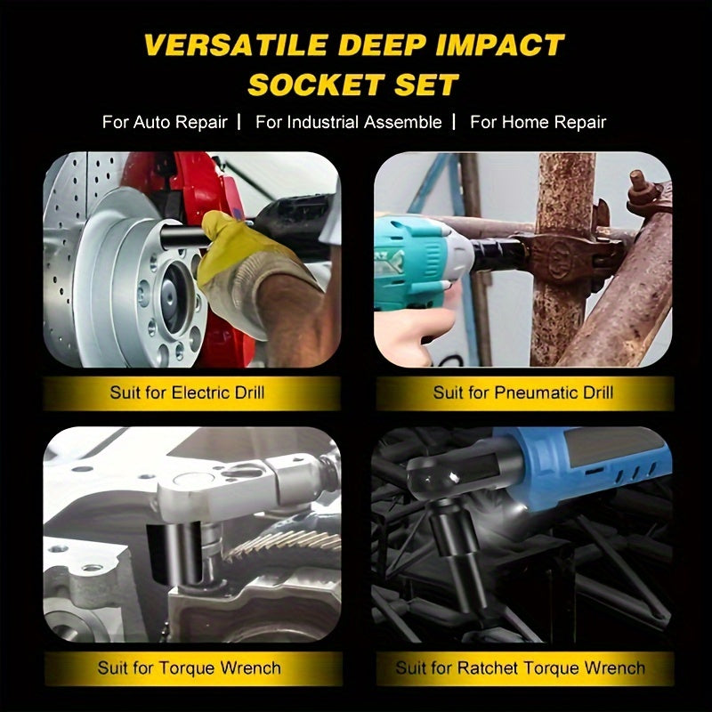 10-Piece Deep Impact Socket Set - 1/2 Inch Drive Long Reach Thin Wall Sockets for Industrial Hand Tools - Heavy-Duty, High-Torque, and Corrosion-Resistant Sockets for 8-24mm Bolts and Nuts